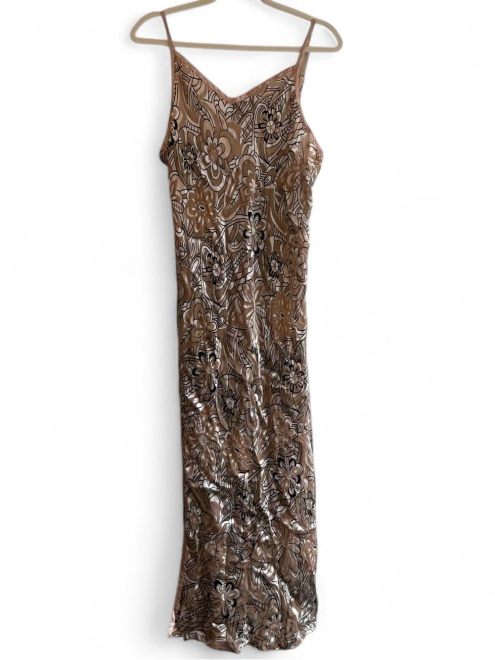 Vintage Y2K NK Imode Silk Blend Tan Brown Floral Velvet Maxi Slip Dress Size XL